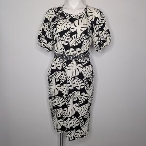 Boden Black White Monstera Leaf Short Sleeve Tie Belt Cotton Midi Dress 10